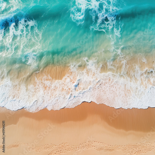 A beautiful topdown drone shot of a sandy beach, golden sand. Perfect image for vacation leaflet background.