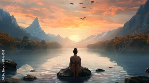 woman meditating surrounded by beautiful mountains © maretaarining
