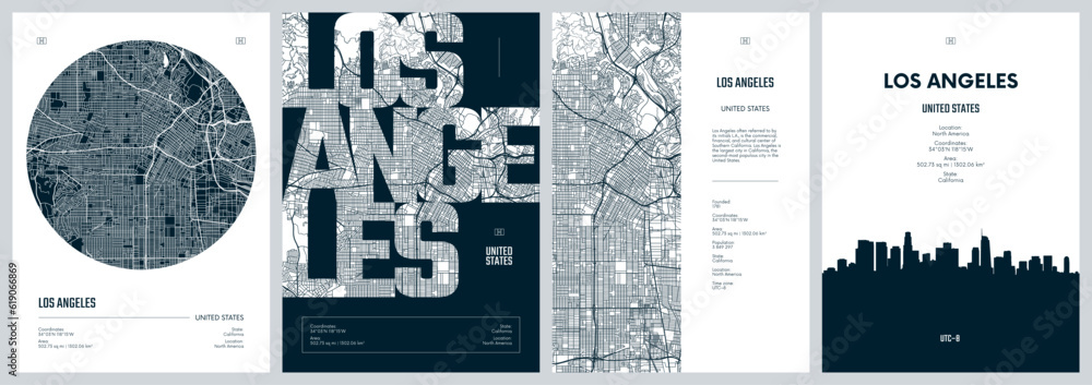 Set of travel posters with Los Angeles, detailed urban street plan city map, Silhouette city skyline, vector artwork