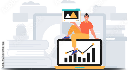 Guy with movie and growth graph . The repress of able score plan . digital commercialize concept. Trendy style, Vector Illustration