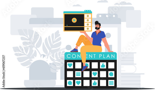 The man sits on the content plan and holds a windowpane with a video record take . digital sell concept. Trendy style, Vector Illustration