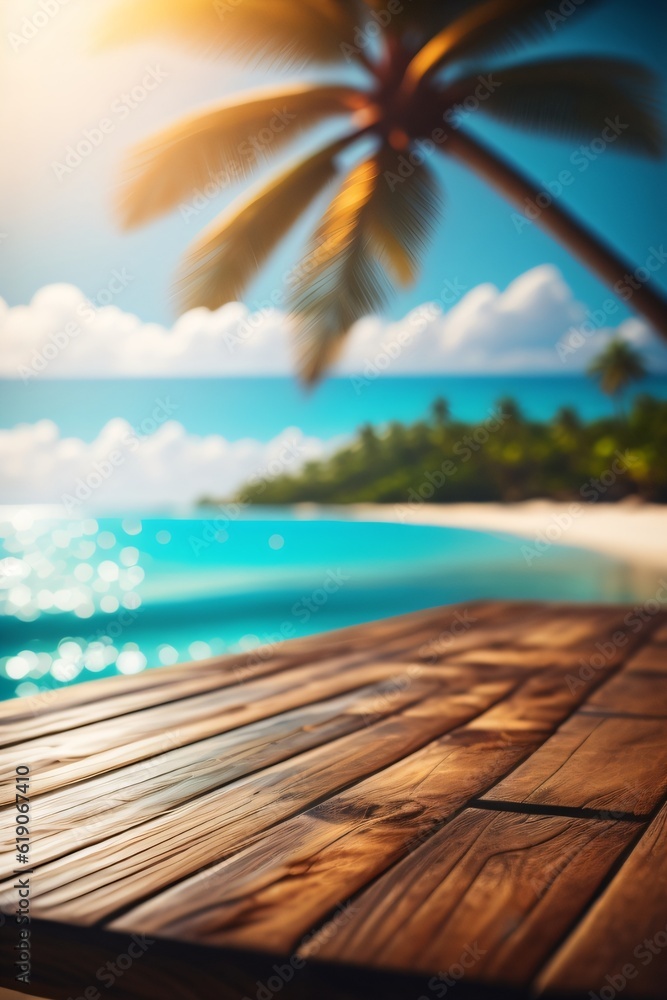 Fototapeta premium photo wooden table with background tropical beach for product stand made with Generative AI