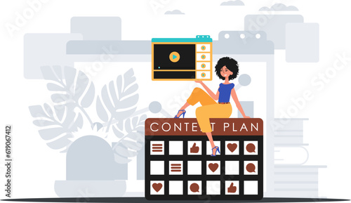 The female child sits on the subject design and holds a windowpane with a television receiver . digital market concept. Trendy style, Vector Illustration