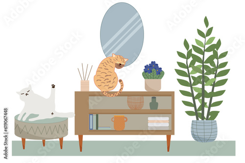 Living room interior in a modern style with cute cats. Vector flat illustration.