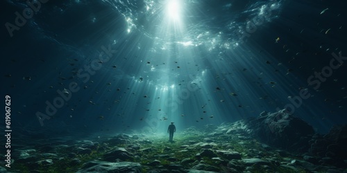 underwater scene with rays and man , AI generative