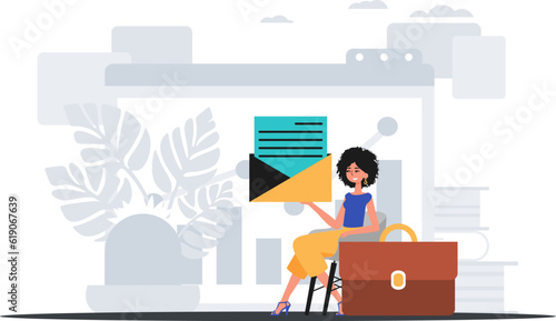 The girlfriend sits in a electric professorship and holds an envelope . hour concept. Trendy style, Vector Illustration