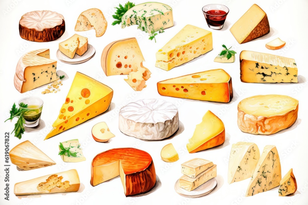 Assorted Italian cheeses on the board: parmesan, gorgonzola, cheddar, olives. Watercolor. Generated AI. Assorted Italian cheeses on the board: parmesan, gorgonzola, cheddar, olives. Watercolor. Generated AI.