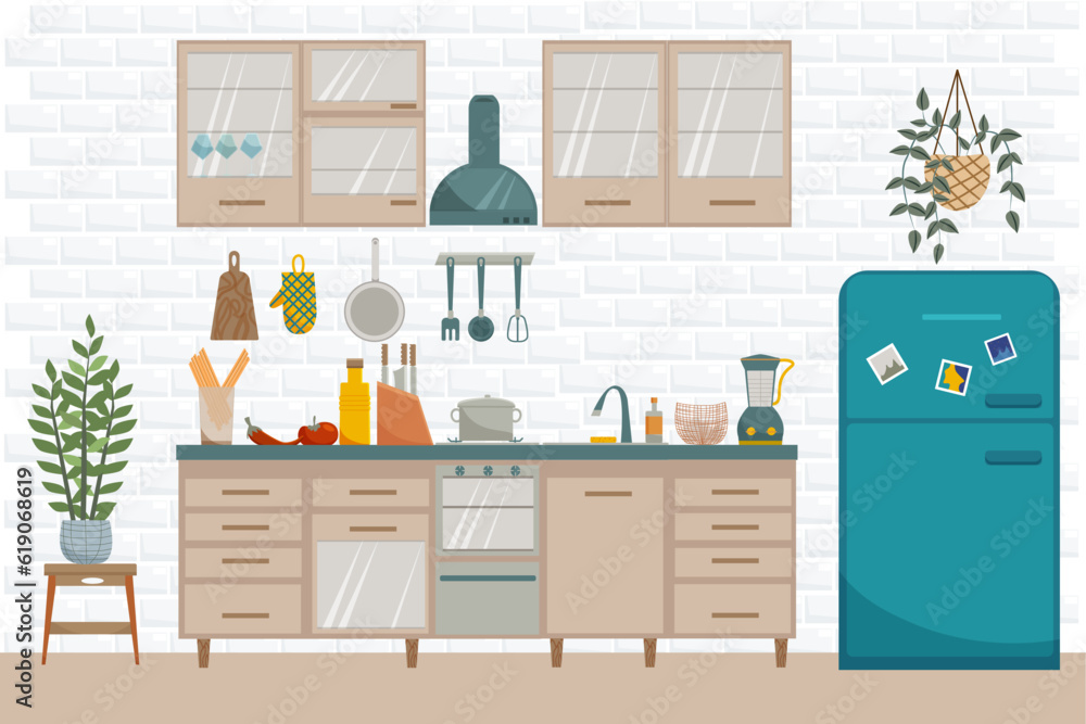 Vector flat interior of kitchen. Furnitures such as stove, cupboard, dishes and fridge in modern style. Vector flat interior of kitchen. Furnitures such as stove, cupboard, dishes and fridge in modern style.