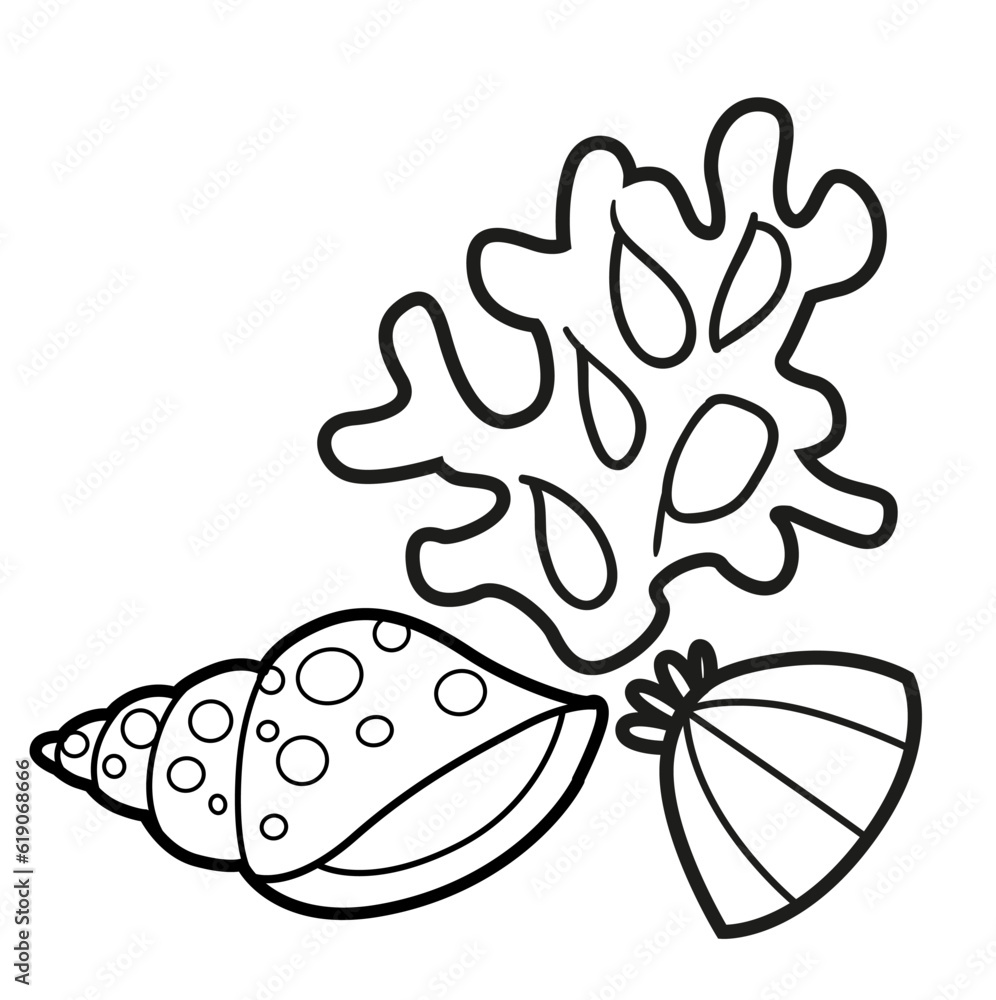 Naklejka premium Small coral with two seashells side by side outlined for coloring page isolated on white background