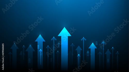 business arrow up investment growth on blue background.
