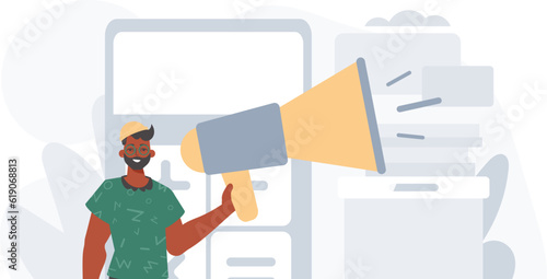 The valet is holding a bullhorn in his bridge musician . digital betray concept. Trendy style, Vector Illustration