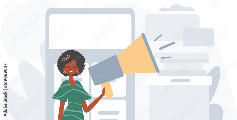The girlfriend is holding a bullhorn in his bridge actor . digital marketplace concept. Trendy style, Vector Illustration The girlfriend is holding a bullhorn in his bridge actor . digital marketplace concept. Trendy style, Vector Illustration