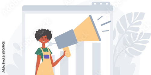 The girlfriend is holding a bullhorn in his bridge actor . digital marketplace concept. Trendy style, Vector Illustration