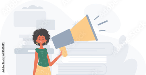 The girlfriend is holding a bullhorn in his bridge actor . digital marketplace concept. Trendy style, Vector Illustration