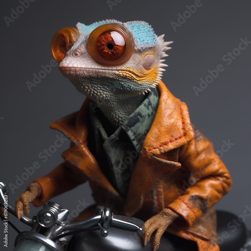 Fashion gecko lizard wearing an orange jacket and sunglasses while riding a motorcycle. Generative ai.