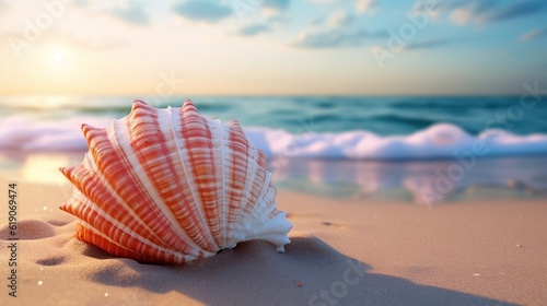 Amazing seashell on the bitch, summer vibes, 3D illustration, Ai Generative 