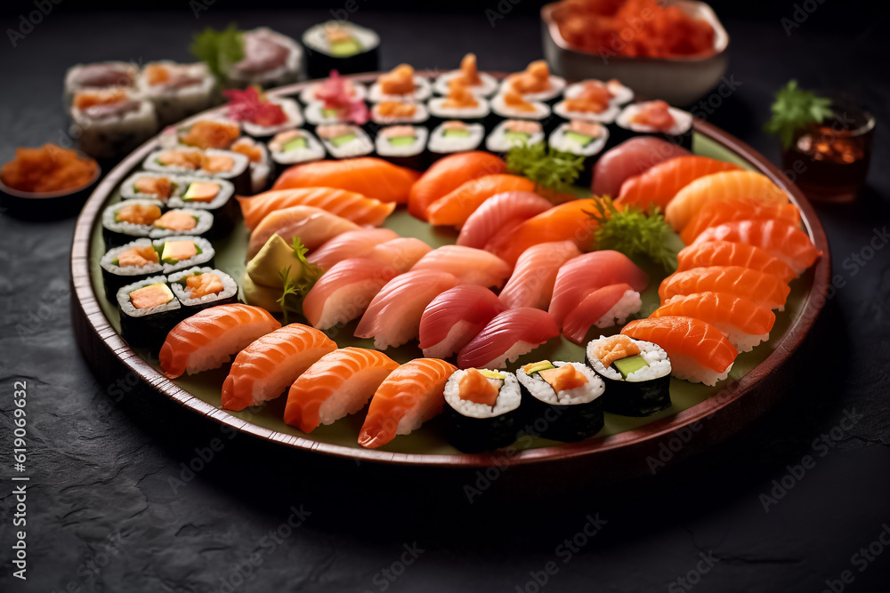 3D Mocking up model of delicious Japanese food with sushi. Assorted sushi big set on wooden plate. A variety of Japanese sushi with tuna, crab, salmon, eel and rolls. Generative AI. 3D Mocking up model of delicious Japanese food with sushi. Assorted sushi big set on wooden plate. A variety of Japanese sushi with tuna, crab, salmon, eel and rolls. Generative AI.