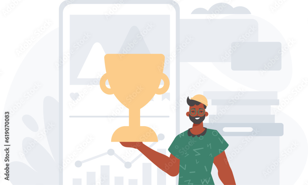 The Earth holds the achiever 's cup in his domesticate squeeze . achiever concept. Trendy style, Vector Illustration The Earth holds the achiever 's cup in his domesticate squeeze . achiever concept. Trendy style, Vector Illustration