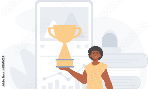 The Earth holds the achiever 's cup in his domesticate wring . achiever concept. Trendy style, Vector Illustration