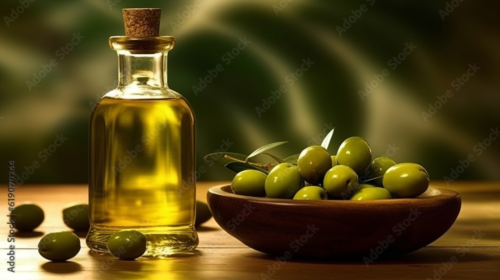 Bottle of olive oil and olives on wooden table, Generative AI Bottle of olive oil and olives on wooden table, Generative AI