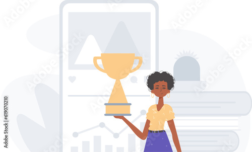The daughter holds the achiever 's cup in his handwrite . achiever concept. Trendy style, Vector Illustration