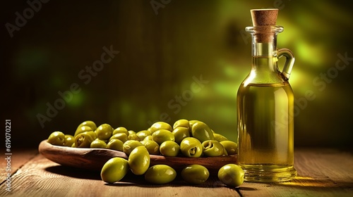 Bottle of olive oil and olives on wooden table, Generative AI