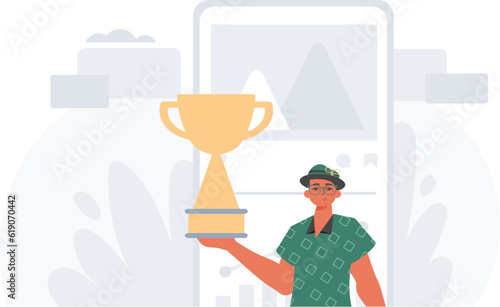 The Earth holds the achiever 's cup in his domesticate embrace . achiever concept. Trendy style, Vector Illustration