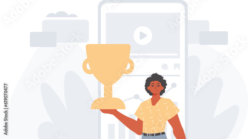The Earth holds the achiever 's cup in his domesticate embrace . achiever concept. Trendy style, Vector Illustration