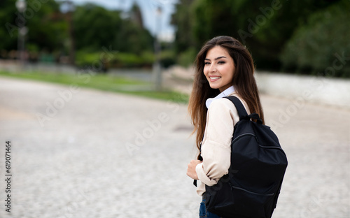 College Learner Lady With Backpack Posing At Campus Park Outside