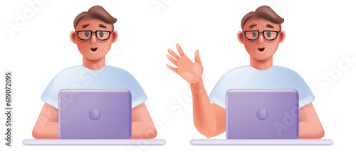 3D man laptop set, vector person home office, cartoon male freelance character, smiling young worker. Online education university student concept, happy businessman wave hand. Sitting man use laptop