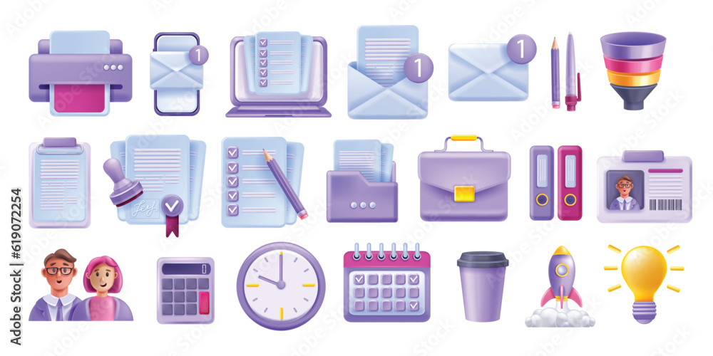 3D business icon set, work office vector stationery kit, management calendar, laptop screen document. Reception workplace object collection, colleague avatar, person ID, smartphone. Business icon 3D business icon set, work office vector stationery kit, management calendar, laptop screen document. Reception workplace object collection, colleague avatar, person ID, smartphone. Business icon