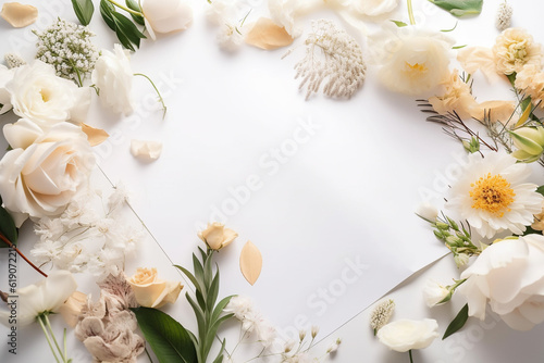 Flowers surrounding white empty piece of paper. 