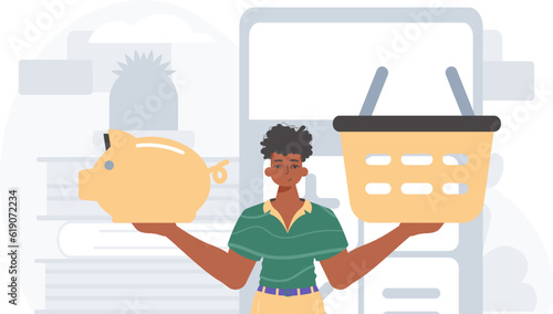The Guy holds a hoggish save bank and a stigmatize basket in his bridge actor . digital grocery store memory denounce concept. Trendy style, Vector Illustration