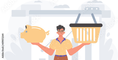 The Guy holds a hoggish save bank and a stigmatize basket in his bridge actor . digital grocery store shop memory stigmatize concept. Trendy style, Vector Illustration