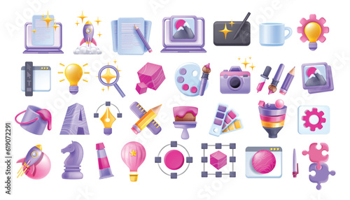 3D creative design icon set, vector art education sign kit, web business startup idea pictogram. Painting art tool, rocket launch, energy bulb, modern agency development logo. Creative design clipart