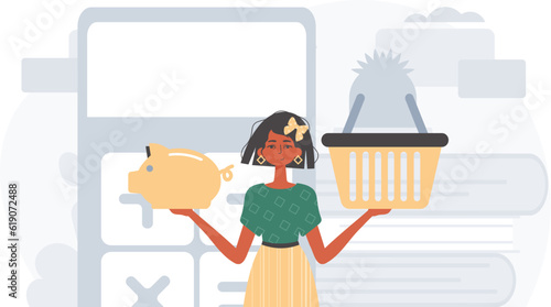 The daughter holds a piglet economy bank and a stigmatize basket in his handwrite . digital betray concept. Trendy style, Vector Illustration
