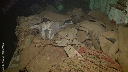 Passengers luggage and personal belongings lie inside hold of ferry Salem Express shipwreck, Red sea, Safaga, Egypt