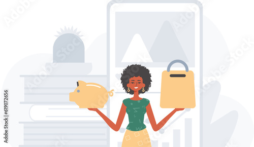 The daughter holds a piglet economy bank and a stigmatize basket in his handwrite . digital betray concept. Trendy style, Vector Illustration