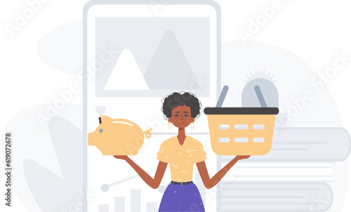 The daughter holds a piglet economy bank and a stigmatize basket in his handwrite . digital betray concept. Trendy style, Vector Illustration