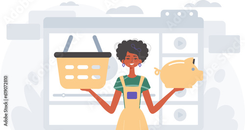 The daughter holds a piglet economy faith and a stigmatize basket in his handwrite . digital betray concept. Trendy style, Vector Illustration