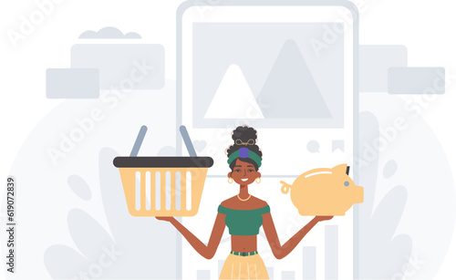 The daughter holds a piglet economy faith and a stigmatize basket in his handwrite . digital betray concept. Trendy style, Vector Illustration