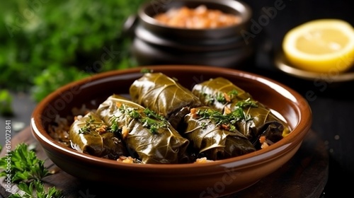 Dolmades. Grape leaves stuffed with rice, herbs, and sometimes minced meat, generative AI