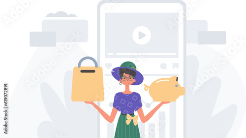 The daughter holds a piglet economy faith and a stigmatize basket in his handwrite . digital betray concept. Trendy style, Vector Illustration