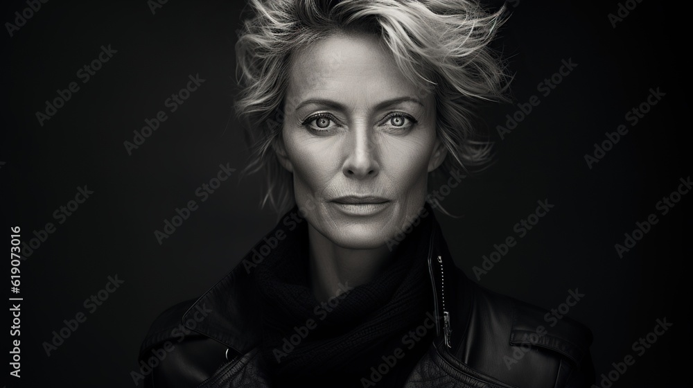 Portrait of an older female model posing in dark clothes in dark setting. AI-generated art.