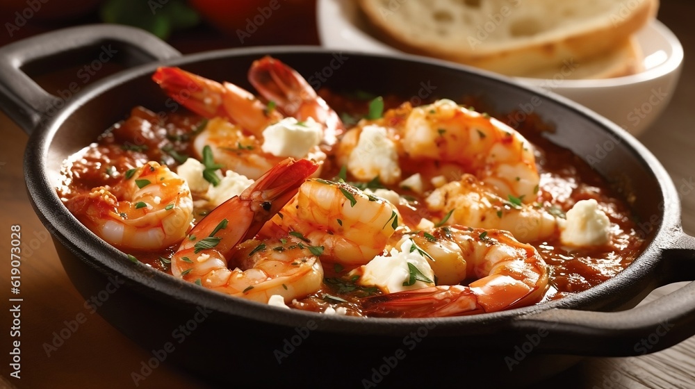 Shrimp Saganaki: Juicy shrimp cooked in a rich tomato sauce with feta cheese and served with crusty bread, generative AI Shrimp Saganaki: Juicy shrimp cooked in a rich tomato sauce with feta cheese and served with crusty bread, generative AI
