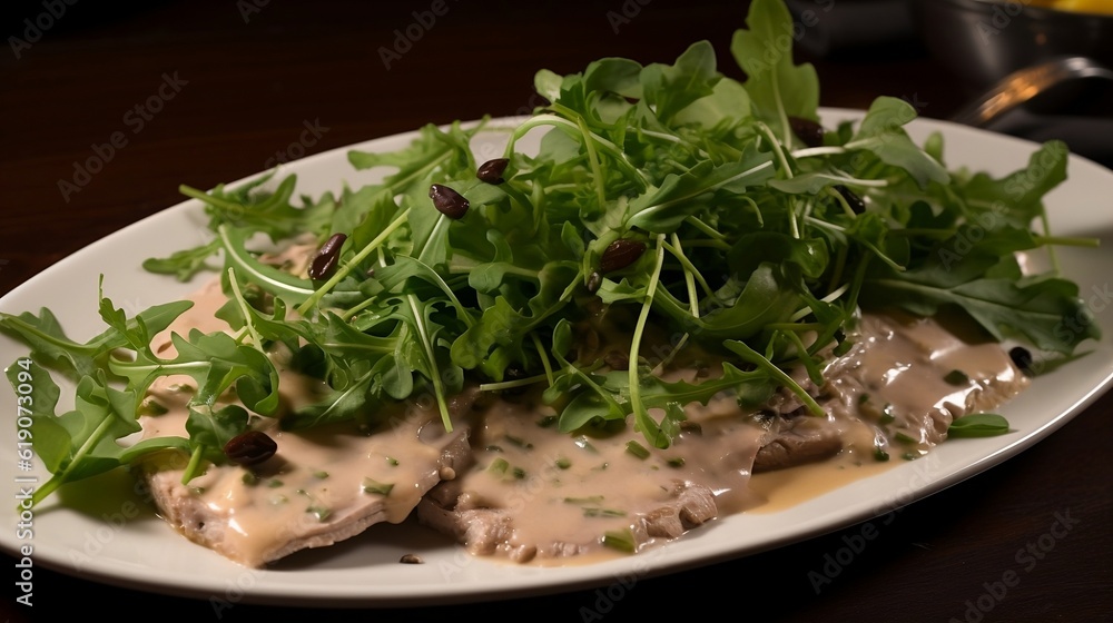 Vitello tonnato: Thinly sliced veal topped with a creamy tuna sauce and capers, served with arugula salad, generative AI Vitello tonnato: Thinly sliced veal topped with a creamy tuna sauce and capers, served with arugula salad, generative AI