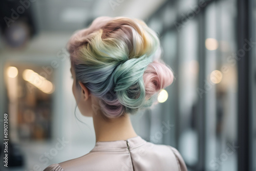 Back view of young woman with multicolored pastel colored hair in elegant updo hairstyle. 