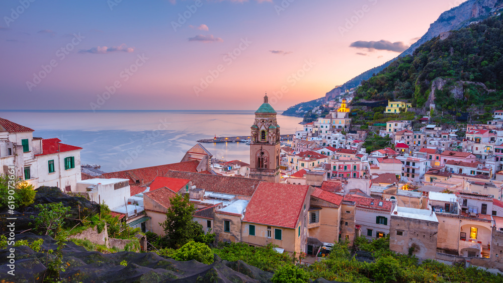 Amalfi, Italy. Cityscape image of famous coastal city Amalfi, located on Amalfi Coast, Italy at sunset.