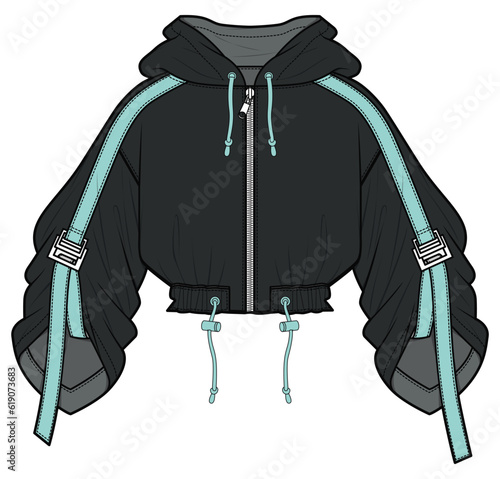 Women's Cropped Cargo Hoodie Jacket Fashion Flat Sketch Vector Illustration, CAD, Technical Drawing, Flat Drawing, Template, Mockup.