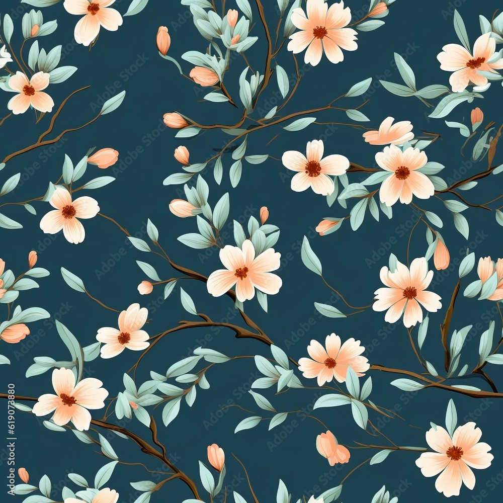 seamless repeating pattern, of beautiful flower, branch and leaves 